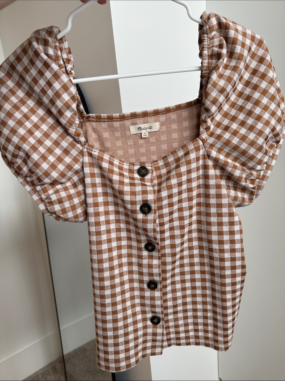 Madewell Brown and White Gingham Puff-Sleeve Button Front Top